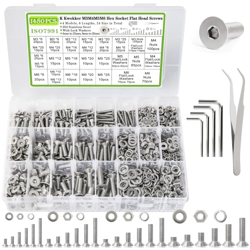 M3 M4 M5 M6 Nuts and Bolts Assortment Kit, Hex Socket Flat Head 24 Sizes 6mm to 25mm Metric Bolt Assortment, 304 Stainless Steel Machine Screws, Bolts and Nuts Kit w/Washers, Silver 1485Pcs - size: G. M3 M4 M5 M6