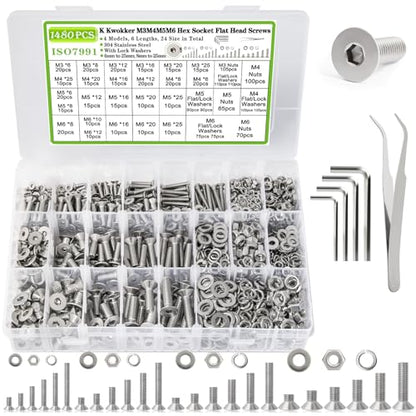 M3 M4 M5 M6 Nuts and Bolts Assortment Kit, Hex Socket Flat Head 24 Sizes 6mm to 25mm Metric Bolt Assortment, 304 Stainless Steel Machine Screws, Bolts and Nuts Kit w/Washers, Silver 1485Pcs - size: G. M3 M4 M5 M6