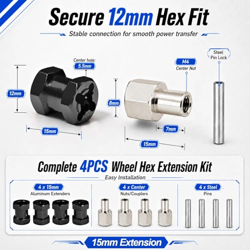4PCS 12mm Hex Hub 15mm Aluminum Extension Hex for Axial SCX10 D90 90046 | 15mm CNC Wheel Hex Extenders for 1/10 RC Crawlers Redcat Gen7/Gen8 CC01 RC4WD Wider Stance & Tire Clearance with M4 Nuts Pins - color: Black