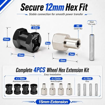 4PCS 12mm Hex Hub 15mm Aluminum Extension Hex for Axial SCX10 D90 90046 | 15mm CNC Wheel Hex Extenders for 1/10 RC Crawlers Redcat Gen7/Gen8 CC01 RC4WD Wider Stance & Tire Clearance with M4 Nuts Pins - color: Black