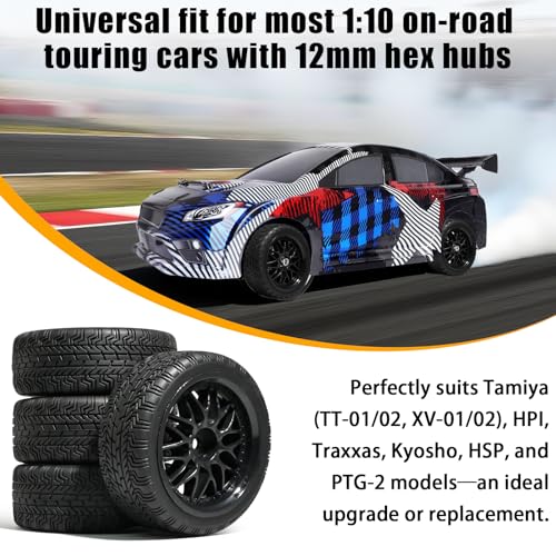 OD 2.65" On Road Rubber Tires Nylon Wheels- 12mm Hex for 1/10 RC Racing Car | Compatible with MJX HSP Tamiya HPI Kyosho Traxxas Sakura Redcat WLtoys 1/10 RC On-Road Racing Touring Car (4pcs, Black) - style: D-Black