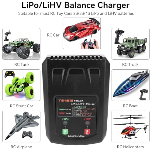 LiPo Battery Charger - 2S 3S 4S RC Car Batteries Balance Chargers 18W 2A for LiPo(7.4-14.8V) LiHV(8.7-17.4V) with XH3P XH4P XH5P Plug for RC Battery Boat Airplane Truck Quadcopter Airsoft