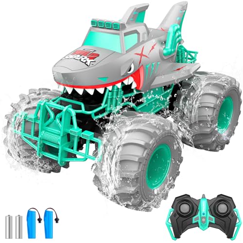 Waterproof Shark Remote Control Car, 1:16 Amphibious RC Cars 4WD All Terrain Off Road Monster Trucks Toys, RC Truck Pool Toys for Kids 3-5 6-8 8-12 Year Old Boy Birthday Gift, Gray - color: Gray
