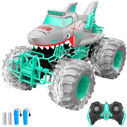 Waterproof Shark Remote Control Car, 1:16 Amphibious RC Cars 4WD All Terrain Off Road Monster Trucks Toys, RC Truck Pool Toys for Kids 3-5 6-8 8-12 Year Old Boy Birthday Gift, Gray - color: Gray