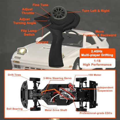 1:18 LDRC LD1802 RC Drift Car | Mazda RX7 Remote Control Car with Two Batteries,Metal Drive Shaft, Easy to Drift for Adults White RWD with Gyro - color: Mazda Rx7 Fc White