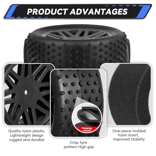 Preglued 12mm Hex Wheel Rims Rubber Tires with Foam Inserts OD 86mm/3.38" for Traxxas Bandit WLtoys 144001 Redcat 1/10 RC Off-Road Buggy Car, Set of 4 (Color A) - color: Color a