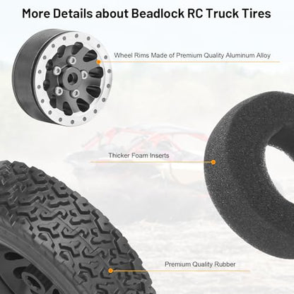 daitoku 1/12 Beadlock RC Wheels and Tires for WPL C14 C24 C34 C44 B14 B24 B16 B36 MN MN78 D90 MN90 MN91 MN96 MN98 MN99 MN99S (Black) - color: Black