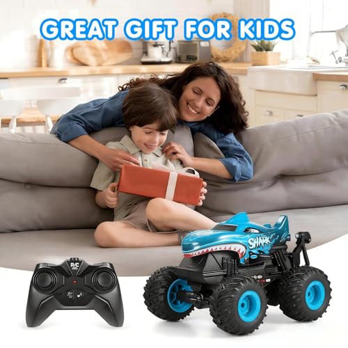 DYODYORC Remote Control Car, 2.4Ghz All Terrain Shark Monster Truck Toys, RC Truck with Music, 3 Lighting Effects, 360 Stunt Capable, 2 Batteries Ready to Run, Toy Gifts for Boys and Girls (Blue) - color: Blue Shark