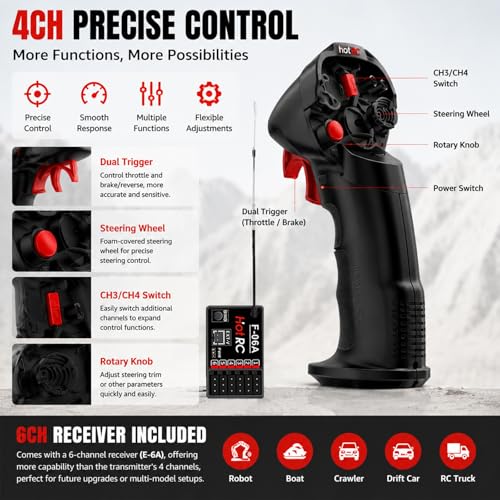 HOTRC DS-4A One-Hand RC Controller System with E-6A 6CH Receiver, 2.4GHz FHSS Transmitter with Cruise Control, Up to 400m Range for RC Crawler, Trail Truck, Drift Car, Boat and Robot