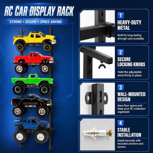 AceOrbit RC Car Stand Wall Mount 5 Layer Adjustable RC Car Racks Storage Display with Screws Crawler Trucks Workstation Model Shelf Wall Hanger for 1/6, 1/10, 1/12, 1/18, 1/24, 1/32 Scale Cars Trucks