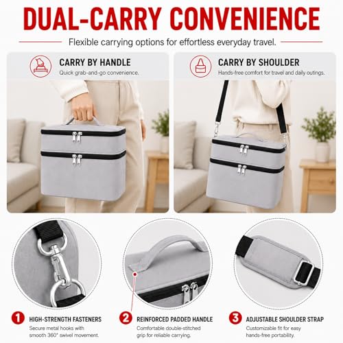 Bevegekos 2-Layer Carrying Case for Toniebox Gen 1 & 2, Holds 25+ Figures | 600D polyester, foam-padded interior, fits headphones & charging station, adjustable strap, perfect for travel and daily use - color: Grey