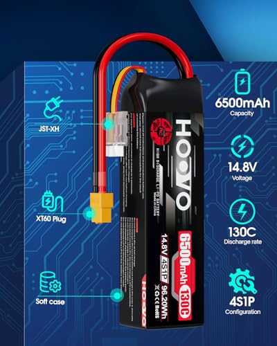 HOOVO 4S Lipo Battery 14.8V 6500mAh 130C RC Battery Pack, Softcase with XT60 Plug for Maxx X-Maxx RC Car Truck Buggy Crawler Airplane Boat RC Vehicle,2Packs