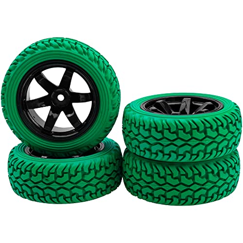 75mm/2.95'' Rubber Tires & Plastic Wheel Rims 12mm Hex Hub Compatible with Traxxas 4tec 2.0 HSP Tamiya HPI Kyosho 1/10 On-Road Touring Car, WLtoys 1/14 144001 RC Buggy (Green) - color: Green
