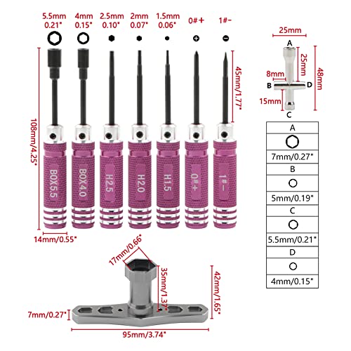 9-Piece Mini Screwdriver Set with Nut Drivers - 1.5mm, 2.0mm, 2.5mm Hex, 4mm, 5.5mm, 0+, 1-, Slotted, 17mm Wrench - Pink Handles - Compact Tool Kit for Electronics, Jewelry, Glasses Repair