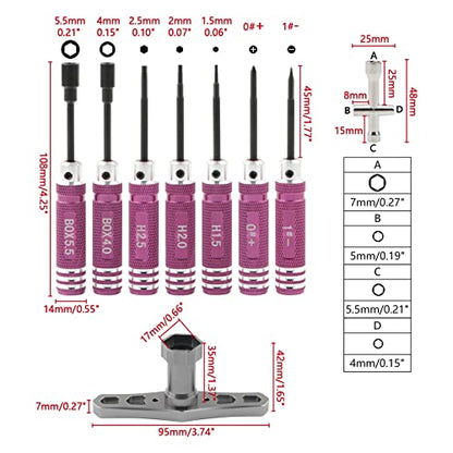 9-Piece Mini Screwdriver Set with Nut Drivers - 1.5mm, 2.0mm, 2.5mm Hex, 4mm, 5.5mm, 0+, 1-, Slotted, 17mm Wrench - Pink Handles - Compact Tool Kit for Electronics, Jewelry, Glasses Repair