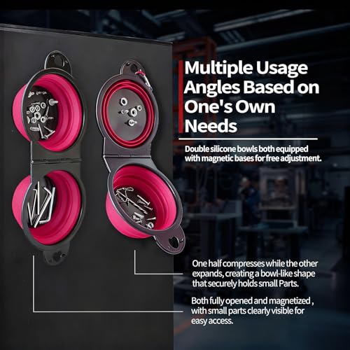 Magnetic Trays, Magnetic Bowl for Screws, Magnetic Tool Tray (magenta2.0) | Collapsible Magnetic Tool Tray, Integrated 5.1" Round Dual Silicone Bowls, Upgraded Version, Bonus Hook for On-the-Go Carry - style: magenta2.0