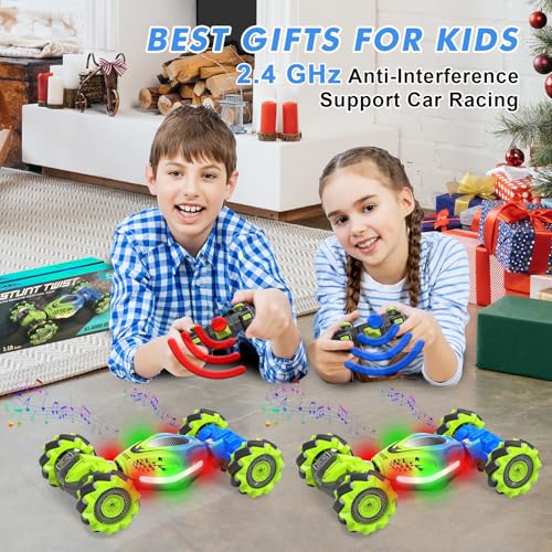 Fosgoit Gesture Sensing RC Stunt Car, Remote Control Car for Boys and Girls | Cool Birthday Gifts, Toys for Boys and Girls Age 6 7 8 9 10 11 12 Years Old, 4WD Remote Control Car, with Lights Music - color: Green-blue