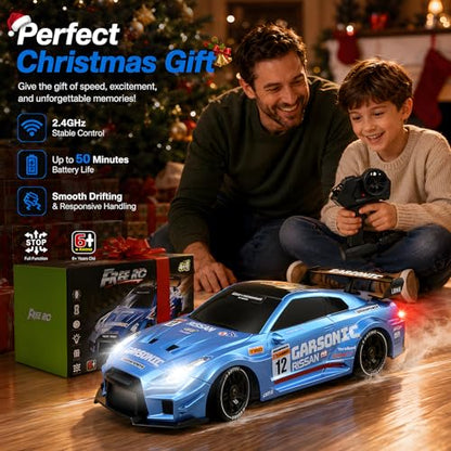 1:24 RC Drift Car for Kids,4WD 2.4GHz 28KM/H High Speed Remote Control Car, Racing Sport Toy Car with LED Lights,Drifting Tires＆Two Batteries (Blue-24G) - color: Blue-24g