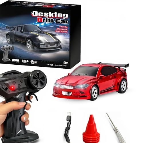 RC Drift Car, 1/64 Mini RC Remote Control Car, 2.4GHz Full Proportional RTR High Speed Micro Sports Racing Drift, 4WD HobbyFast Race Vehicle with Lights, Model Toys Gift for Kids, Boys, Adults - color: Red