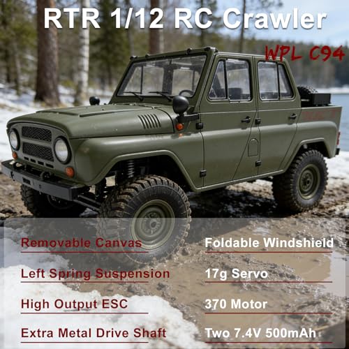 YUCT WPL C94 RC Crawler 1/12 Military RC Truck | 4WD 2.4Ghz Off-Road Vehicle with Two Batteries & Metal Drive Shaft (Green)