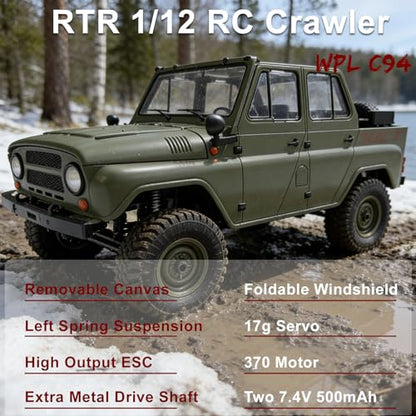 YUCT WPL C94 RC Crawler 1/12 Military RC Truck | 4WD 2.4Ghz Off-Road Vehicle with Two Batteries & Metal Drive Shaft (Green)