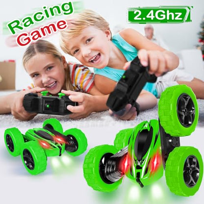 FREE TO FLY Remote Control Car for Boys 8-12: 2.4Ghz Electric Rechargeable Race Stunt Cars Double Sided 360 Rolling Rotating Rotation with Led Headlights - color: Green