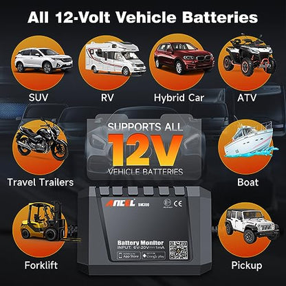 ANCEL BM300 12V Battery Monitor, Bluetooth 4.0 Automotive Voltmeter with Charging, Cranking System Test & Alarm - Compatible for Solar Power Systems, RVs, Motorcycles, Boats, Cars, and Trucks - color: Black