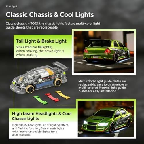 Turbo Racing C66 1:76 RC Drift Car with Gyro & LED Lights (C66-Green) | Includes mini track, 2 blank shells, 4 light guides & tools — everything to race right out of the box - color: Green