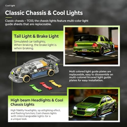 Turbo Racing C66 1:76 RC Drift Car with Gyro & LED Lights (C66-Green) | Includes mini track, 2 blank shells, 4 light guides & tools — everything to race right out of the box - color: Green