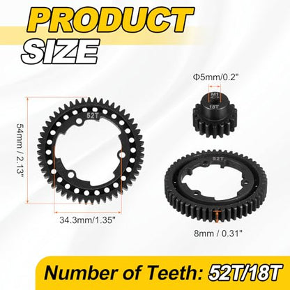 MECCANIXITY M1 Hardened Steel Spur Gear, 52T/18T 5mm Shaft Hardened Steel Upgrades Main Spur Gear for Brushless Brush Motor Model Car (Pack of 2, Black) - size: 52T/18T