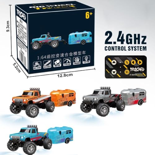 Mini RC Car, 1/64 Scale Mini Remote Control Monster Truck with Trailer, 2.4Ghz & APP Remote Control Rechargeable Alloy Shell RC Cars with Lights, Speed/Steering Adjustable (Blue) - color: Blue