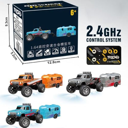 Mini RC Car, 1/64 Scale Mini Remote Control Monster Truck with Trailer, 2.4Ghz & APP Remote Control Rechargeable Alloy Shell RC Cars with Lights, Speed/Steering Adjustable (Blue) - color: Blue