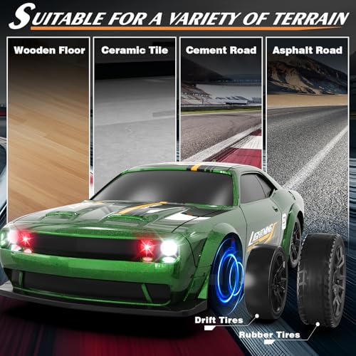 Mini RC Drift Car 1/43 2.4GHz RC Drift Cars with Gyro, 4WD Full Proporitonal High Speed Remote Control Car with LED Lights and Drifting Tires Hobby Racing Cars for Adults Kids Boys, Green - color: Green