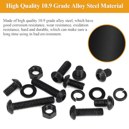 151 Pieces M6 Screws Nuts Washers Set Black, Sutemribor M6 x 8/10/12/16/20/25/30mm Button Head Socket Cap Screws Nuts Washers Assortment Kit, 10.9 Grade Alloy Steel, Fully Threaded - size: M6, style: Button Head Socket Cap