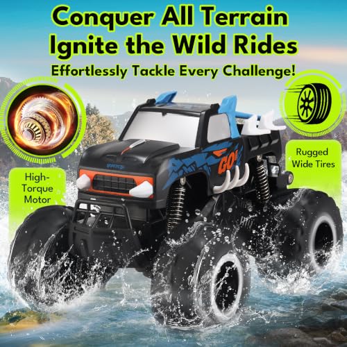 Threeking 1:16 Amphibious Monster Truck All Terrain Remote Control Car Toys | Waterproof Durable 4WD Off-Road RC Crawler Cars Pick-Up Unique Toy Gifts for Boys Girls Ages 6-12 - color: Pickup-blue