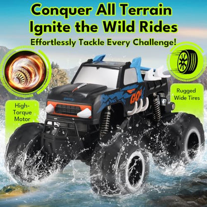 Threeking 1:16 Amphibious Monster Truck All Terrain Remote Control Car Toys | Waterproof Durable 4WD Off-Road RC Crawler Cars Pick-Up Unique Toy Gifts for Boys Girls Ages 6-12 - color: Pickup-blue