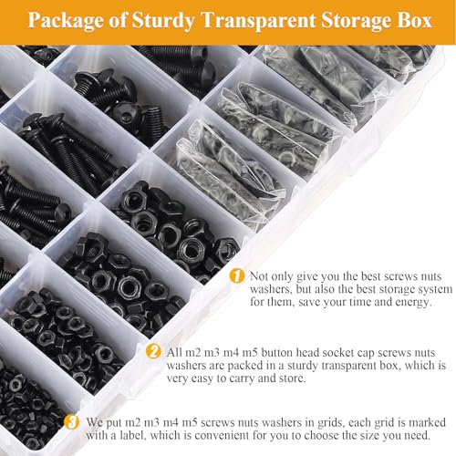 2180 Pieces Black M2 M3 M4 M5 Button Head Socket Cap Screws Nuts Washers Assortment Kit, Metric Screw Assortment with Hex Wrenches, 10.9 Grade Alloy Steel, Fully Threaded - size: M2/M3/M4/M5, style: Button Head Socket Cap