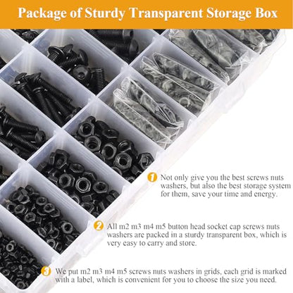 2180 Pieces Black M2 M3 M4 M5 Button Head Socket Cap Screws Nuts Washers Assortment Kit, Metric Screw Assortment with Hex Wrenches, 10.9 Grade Alloy Steel, Fully Threaded - size: M2/M3/M4/M5, style: Button Head Socket Cap