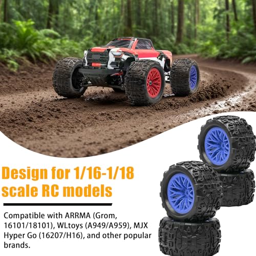 Pre-Glued 1/16 & 1/18 RC Monster Truck Rubber Tire & Nylon Wheel - 12mm Hex | Rubber Tires with Foam Fits for ARRMA 1/18 Granite/Typhon Grom, WLtoys A949, MJX Hyper Go H16 (4PCS, Blue) - color: Blue