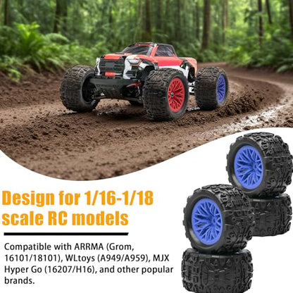 Pre-Glued 1/16 & 1/18 RC Monster Truck Rubber Tire & Nylon Wheel - 12mm Hex | Rubber Tires with Foam Fits for ARRMA 1/18 Granite/Typhon Grom, WLtoys A949, MJX Hyper Go H16 (4PCS, Blue) - color: Blue