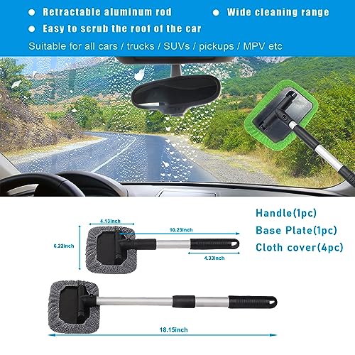 Ziciner Car Windshield Cleaner, Microfiber Auto Cleaning Wiper with Aluminum Extendable Handle and 2 Washable Reusable Cloth Pad Head, Universal Vehicle Interior Exterior Cleaner Kit (Green-Rectangle) - size: Green-Rectangle