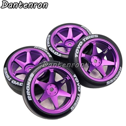 1/10 RC Drift Aluminum Wheels and Tires OD 65mm 1/12 Hard Drift Racing Tyres 12mm Hex for 1:10 Rally Street On Road Touring Car Tamiya TT01 TT02 XV01 TA06 A959 PTG2 KYOSHO 4PCS (Purple) - color: Purple