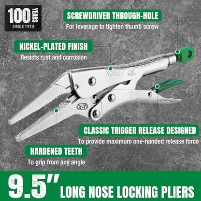 SK 9.5" Long Nose Locking Pliers, Vice Grips, Premium CR-V Steel | Vise Grip Pliers, Nickel-Plated Finish, Ergonomic Anti-slip Handle, Ideal for Welding or Assembly - size: 9.5"