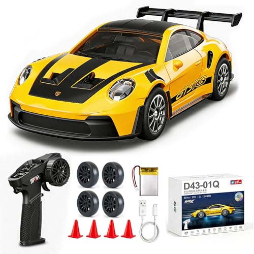1/43 Scale RC Drift Car, Mini 911 RC Model Car 2.4GHz 4WD RC Alloy D43 Vehicles with Gyro & LED Lights for Adults Hobby Toys (Yellow) - color: 911-yellow