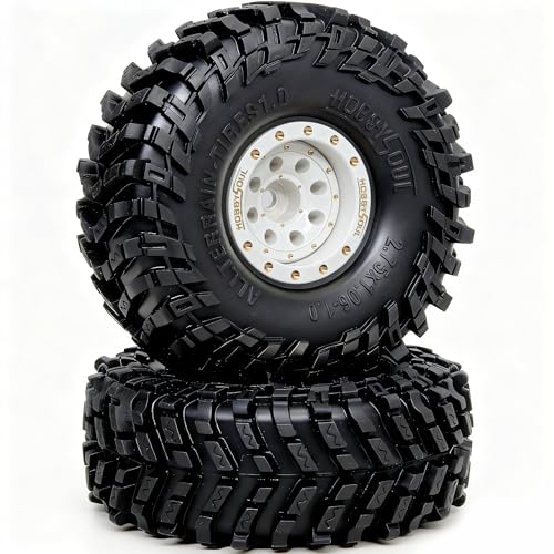 HOBBYSOUL 70mm Tall 1.0 beadlock wheels and tires set - Brass Adjustable Offset 1.0 wheel Rims white & Soft Sticky 1.0'' tire For RC Crawler 1/18 TRX4M 1/24 SCX24 - color: White