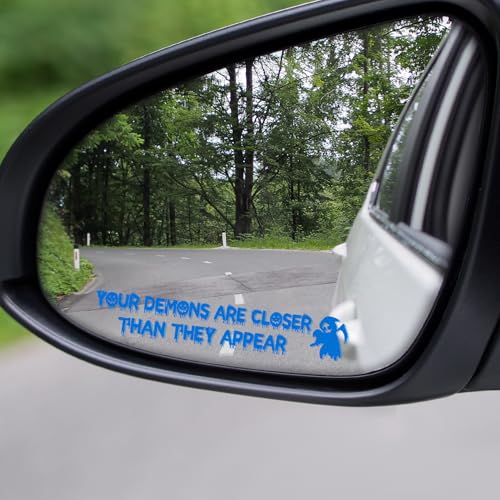 2PCS Funny Halloween Vanity Mirror Stickers, Gothic Car Accessories, Your Demons are Closer Than They Appear Car Mirror Decal, Vinyl Waterproof Bumper Sticker for Truck Window (Blue) - color: Blue