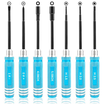 7-in-1 Hex Screwdriver Set (0.05"/1.5mm, 2.0mm,2.5mm & Box Wrench (4.0mm,5.5mm) Nut Screw Driver|RC Tool Kit|Phillips| Compatible with TRX4M SCX24 1/24 1/18 1/16 RC Cars Drone Repair(LightBlue) - color: Lightblue