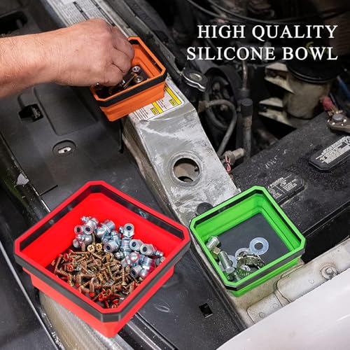 Collapsible Magnetic Parts Tray, 4.5" Square Silicone Tool Tray with Dual-Sided Magnetic Base, Foldable Small Metal Parts Organizer Storage Bowl for Screws Bolts Nuts Washers (Red) - color: Red