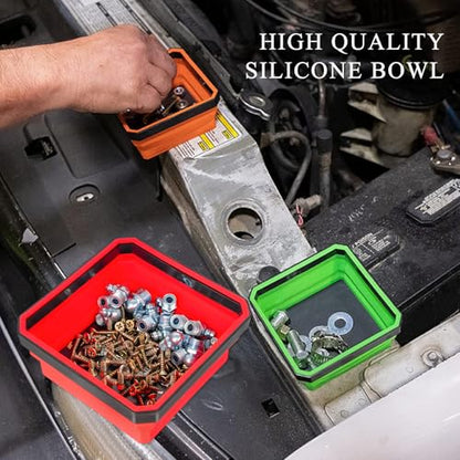 Collapsible Magnetic Parts Tray, 4.5" Square Silicone Tool Tray with Dual-Sided Magnetic Base, Foldable Small Metal Parts Organizer Storage Bowl for Screws Bolts Nuts Washers (Red) - color: Red