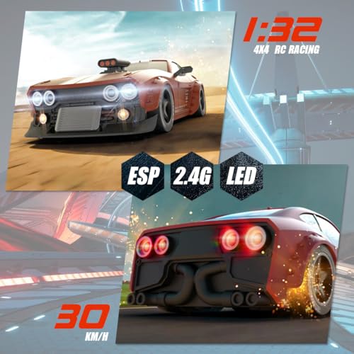 KM3299 RC Drift Car with Gyro Stabilization and LED Lights | 1:32 Scale High-Speed 4WD Mini Electric Remote Control Drift Vehicle, 30 km/h, RC Vehicle Gift for Adult - color: Red